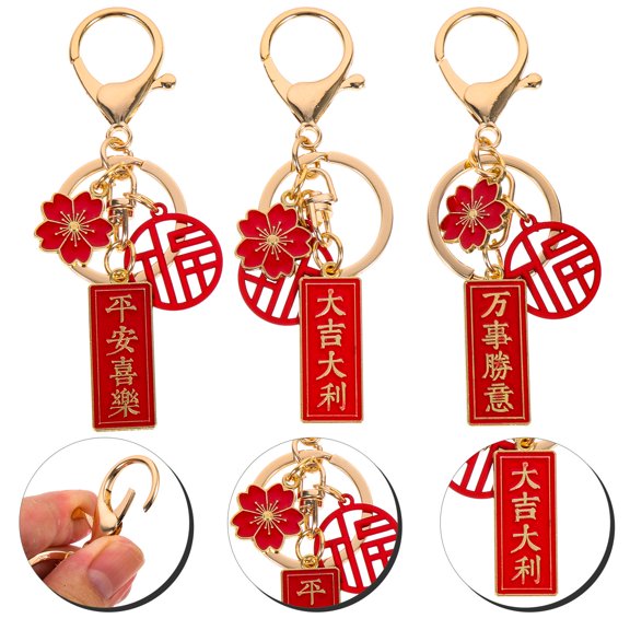 KONTONTY 3-Pack Red Fu Keychains Decorative Bag Charms with Lovely Flower Design for Keys, Purses, and Luggage Accessories