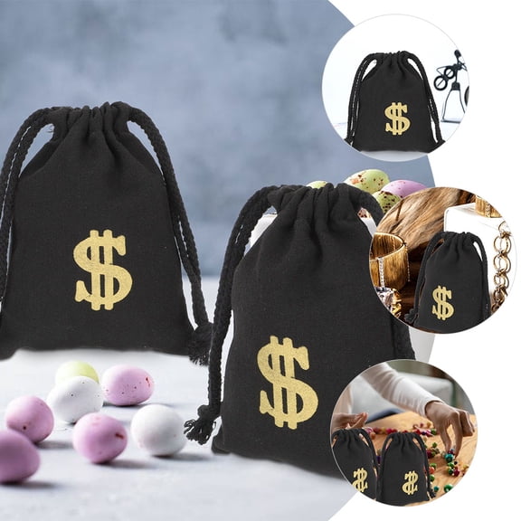 KONTONTY 4Pcs Black Cotton Money Storage Bags with Drawstring for Party and Cosplay