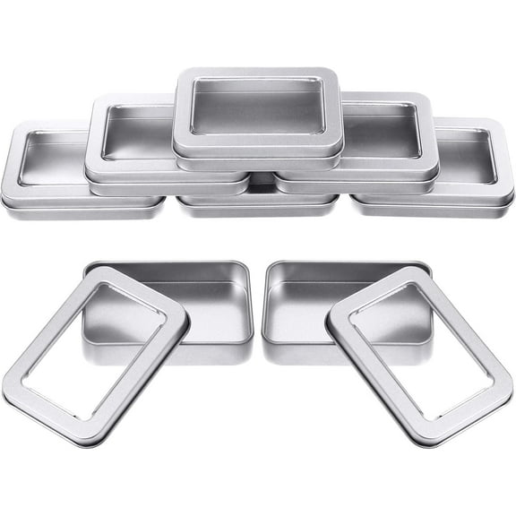 KONTONTY Set of 4 Small Rectangle Tinplate Metal Storage Boxes with Transparent Window Lid in