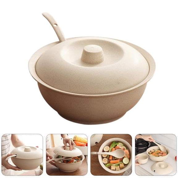 KONTONTY 2Piece Set Beige Wheat Straw Soup Pot With Spoon Safe Eating Easy to Clean for Home Dining