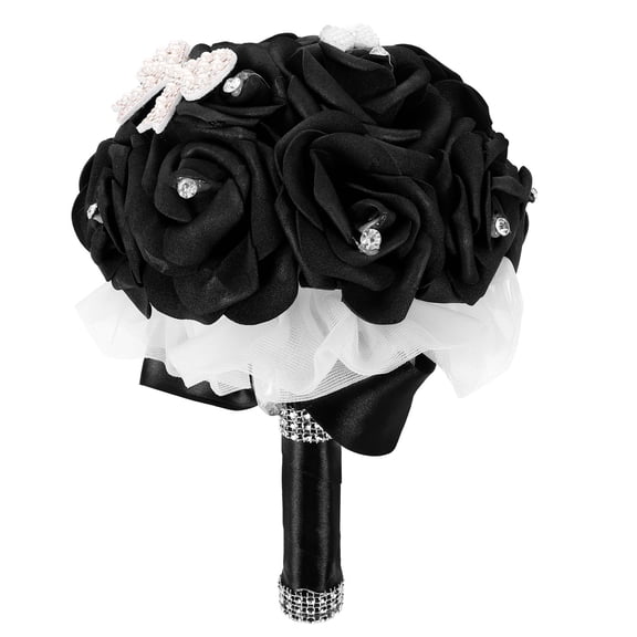 KONTONTY Black Artificial Rose Wedding Bouquet Set, Bridesmaid Toss Bouquet with Ribbons, Faux Floral Hand Bouquets for Weddings and Engagements