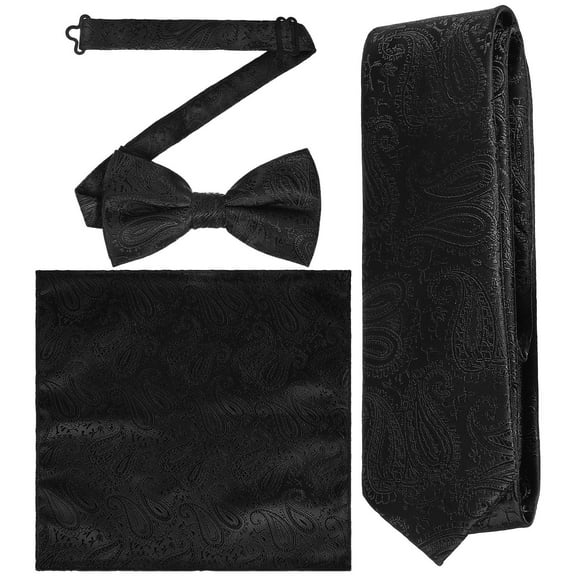KONTONTY Men's Black Bow Tie and Pocket Square Set Elegant Formal Wedding Accessories for Special Occasions