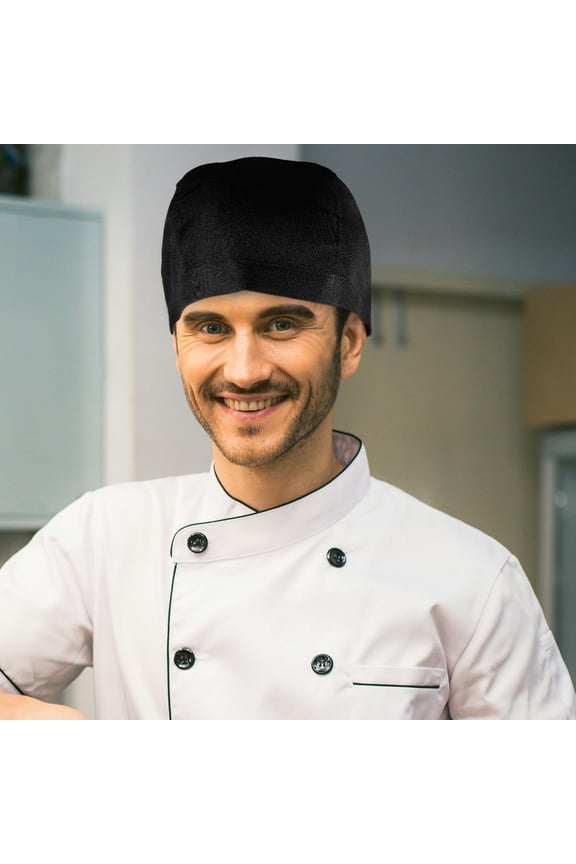 Black Catering Skull Cap Chefs Hat Soft Durable Canvas with Adjustable Ribbon