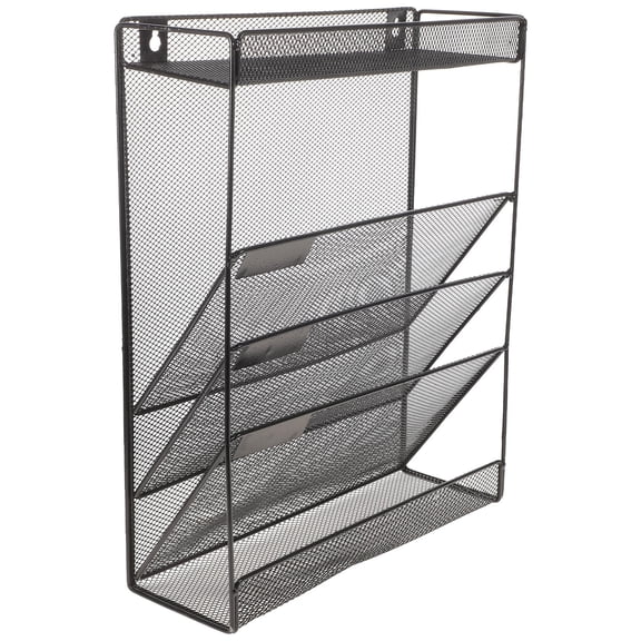 KONTONTY Black Wall-Mounted Magazine Holder with Wire Storage Baskets, File Organizer for Home and Office Storage