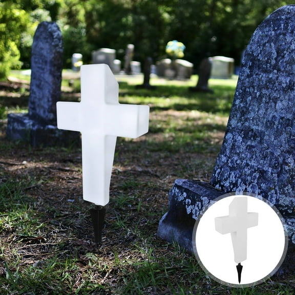 KONTONTY Cemetery Solar Lights For Grave White Plastic Cross Led Lighting Weatherproof And Durable Simple Ground Stake Installation Ideal For Memorial And Grave Decorations
