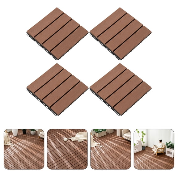 KONTONTY 4-Pack Outdoor Plastic Coffee Deck Tiles, Interlocking Weather-Resistant Patio Flooring, Easy to Install