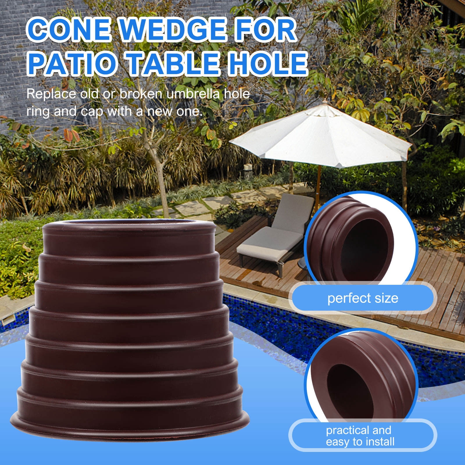brown patio table umbrella hold ring Outus 2 Pieces Hole Umbrella Cone Wedge Plug Umbrella Stabilizer Sleeve for 2 to 2.5 Inch Patio Table Hole and 1.5 Inch Pool Umbrella Adapter(Brown) preventing wobbling or shaking 3 Pack Patio Table Umbrella