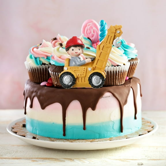 KONTONTY Yellow Resin Construction Vehicle Cake Decor for Traffic Road Sign Party