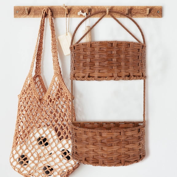 KONTONTY Brown Hanging Storage Basket Set for Home Organization, Sundries Holder, Space-Saving Wall Mounted Design