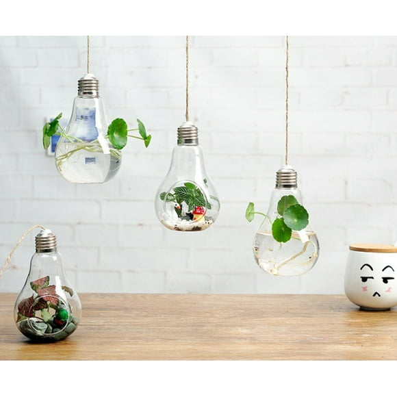KONTONTY Light Bulb Shaped Glass Planters Wall Hanging Planters 2 Holes Round Glass Plant Pots Hanging Air Plant Pots Flower Vase with Ropes