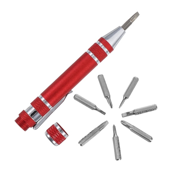 KONTONTY Mini Screwdriver Tool 8 in 1 Screwdriver Aluminum Alloy Red Electronic Device Servicing 1 Set