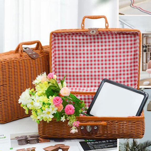 KONTONTY Retro Style Imitation Rattan Storage Box Handwoven Brown Case for Makeup and Accessories