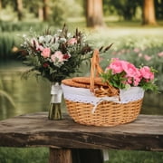KONTONTY Rustic White Rattan Picnic Basket with Double Handles and Elegant Lace Liner for Outdoor Travel, Storage, and Picnic Use