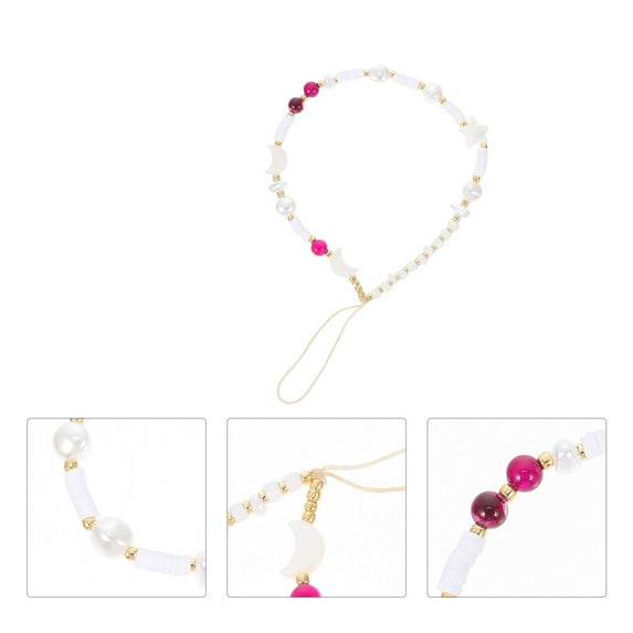 KONTONTY White Beaded Phone Chain with Star and Moon Pendant, Stylish Cellphone Accessory for Mobile Phones