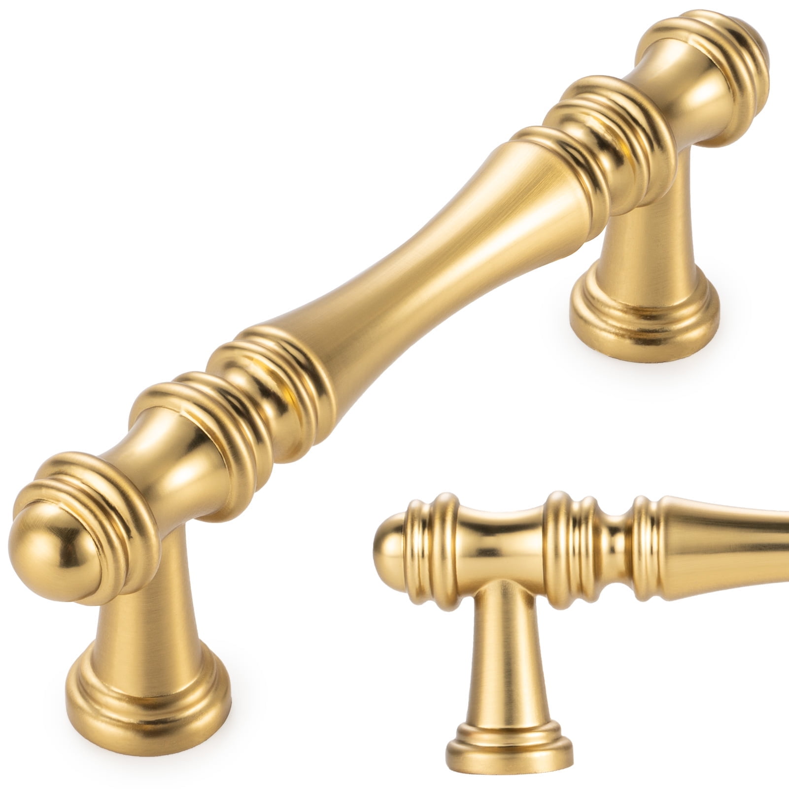 KOOFIZO 10 Pack Classical Cabinet Pull - Brushed Gold Furniture Handle, 3 Inch/76mm Screw Spacing