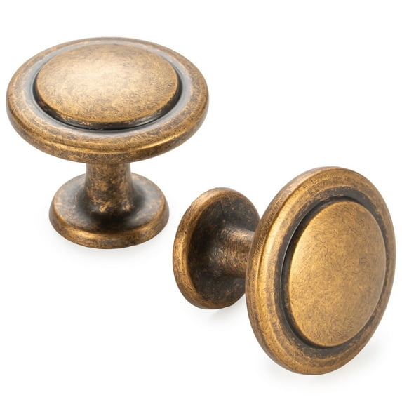 KOOFIZO 10 Pack Stepped Round Cabinet Knob - Antique Brass Pull Handle (Dia.31mm / 1.2 Inch)