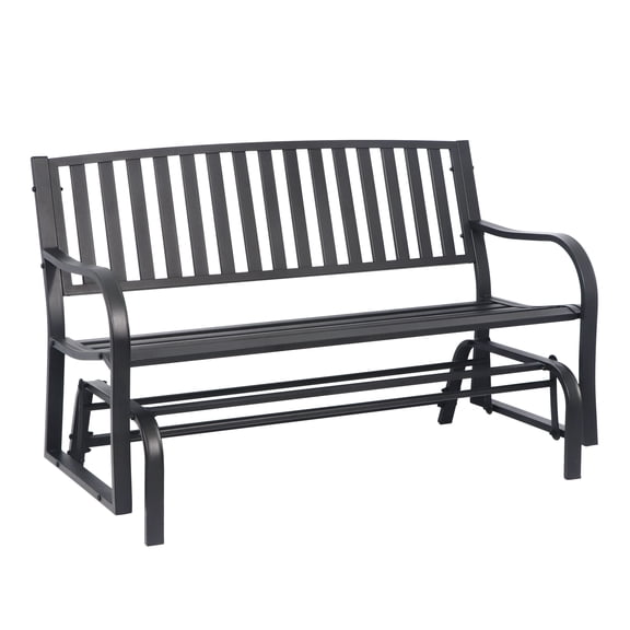 KOOL Outdoor Metal Bench, 2 Person Patio Swing Glider Bench, Heavy-Duty Weather Resistant Steel Porch Glider Chair with Curved Armrest for Backyard, Garden, Lawn, Courtyard, Black