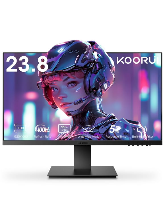 KOORUI 24'' FHD Gaming Monitor, Speakers, 100Hz, Ultra-Slim, VESA Mountable, Adjustable Tilt, HDMI, VGA, Black