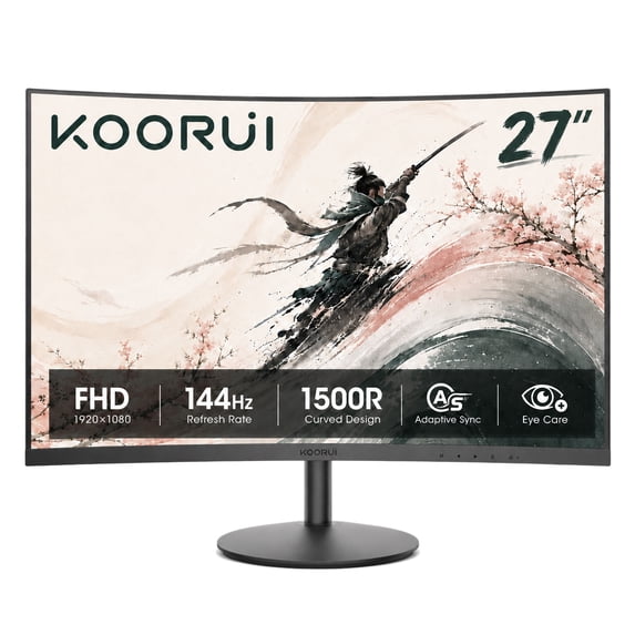 KOORUI 27" 1080p Curved Computer Monitor, 144Hz FHD Gaming Monitor, Power Adapter HDMI&DP Cable