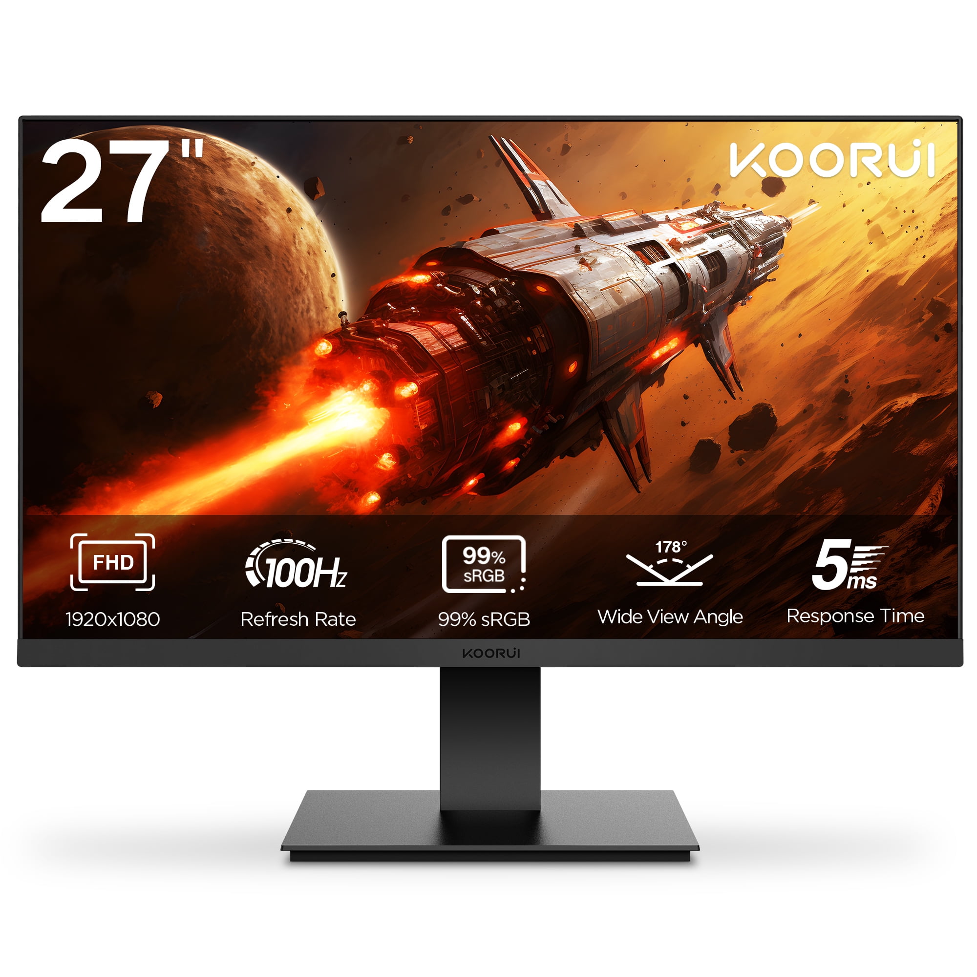 KOORUI 27'' FHD Gaming Monitor, 1080p, 75Hz, HDMI+VGA, 99% sRGB, Virtually Borderless Design Display 27n1a, Black