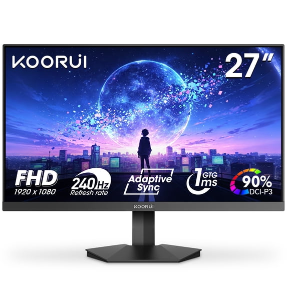 KOORUI 27" Gaming Monitor, FHD 1080p, 240Hz, FreeSync, HDMI/DP, Frameless, Wall-Mountable, Black, GN02