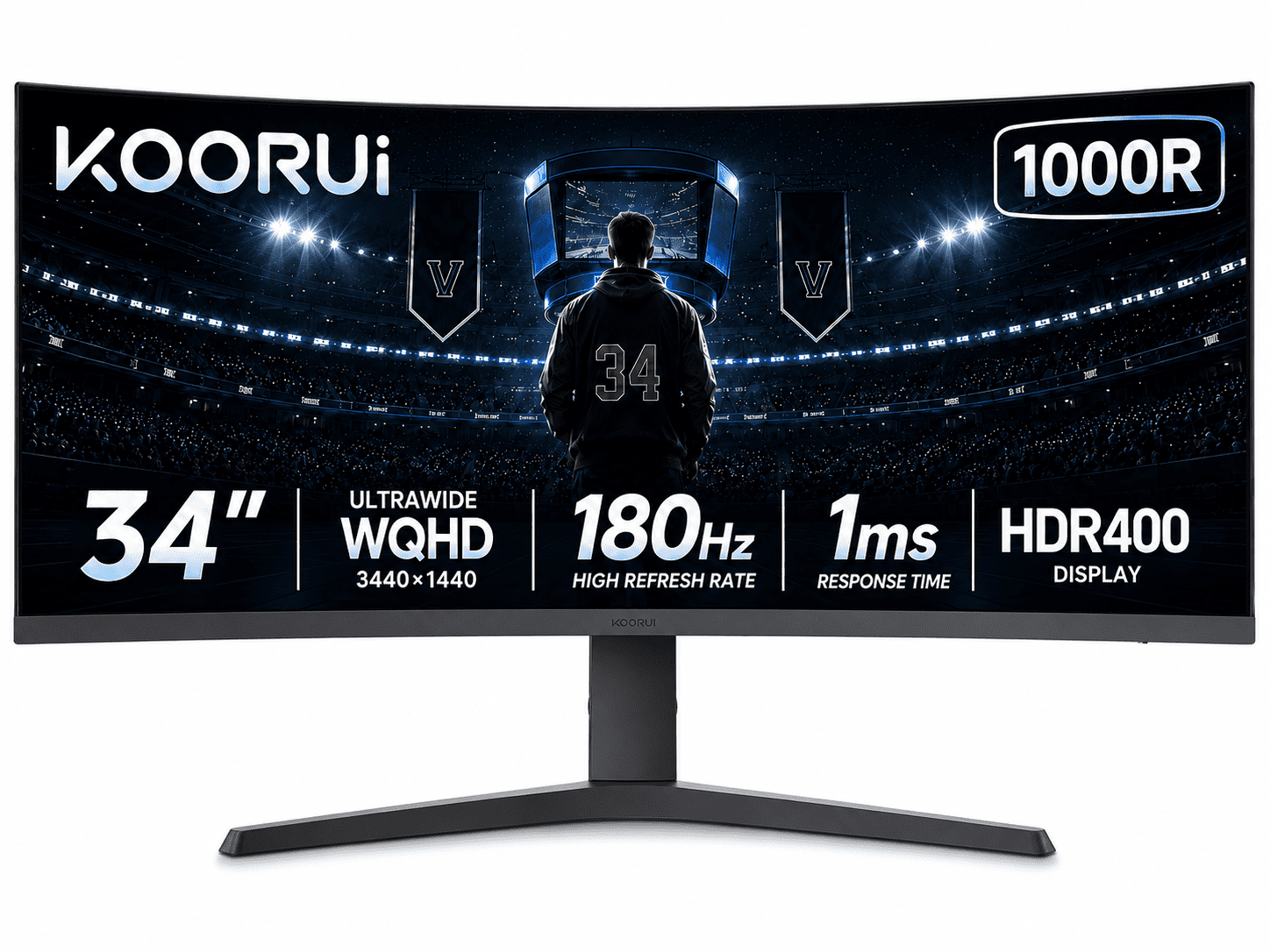 KOORUI 34''  WQHD Curved Gaming Monitor, 180Hz Ultrawide Monitor, 3440×1440p 1ms(MPRT) HDR400, Black