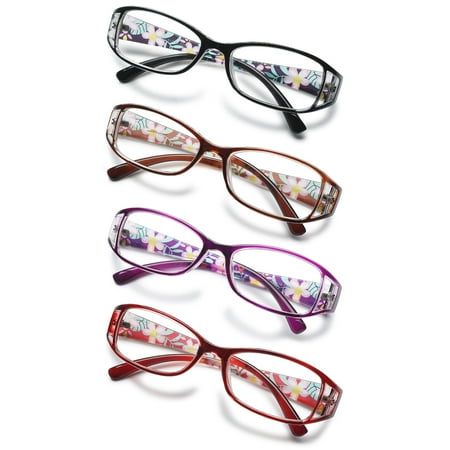 KOOSUFA 4 Pack Womens Floral Color Reading Glasses 3.75 Quality Rectangle Readers Eyeglasses Eyewear 4 Colors Set