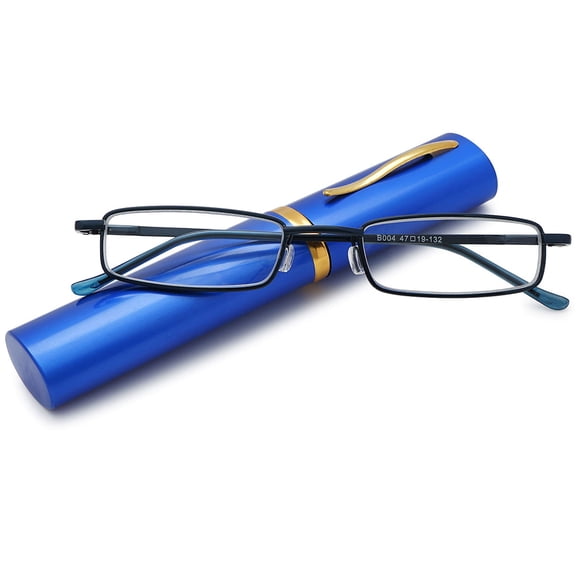 KOOSUFA Compact Blue Light Blocking Reading Glasses 2.0 Metal Spring Hinge Lightweight Portable Clip with Aluminum Case Readers Eyeglasses Travel fit for Men Women Blue