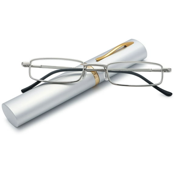 KOOSUFA Compact Blue Light Blocking Reading Glasses 2.5 Metal Spring Hinge Lightweight Portable Clip with Aluminum Case Readers Eyeglasses Travel fit for Men Women Silver