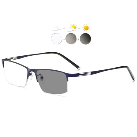 KOOSUFA Mens Photochromic Reading Glasses 1.5 Sun Readers Eyeglasses Semi Rimless Metal Lightweight UV Protection Sunglasses Eyewear Darken In Sunlight Blue