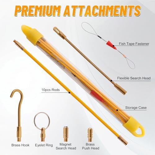 KOOTANS 11FT Fiberglass Running Electrical Wire Cable Glow Rods Wire Pulling Tools Fish Tape Cable Puller Through Wall Snake Fish Rods Kit with Different Attachments