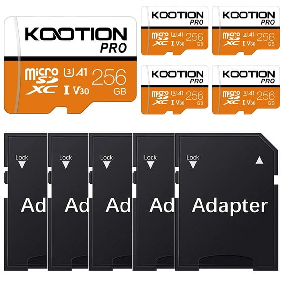 KOOTION 256 GB Micro SD Card 5 Pack TF Card with Adapter High Speed MicroSDXC U3 Full HD 4K Memory Card for Phone Table Monitor Camera
