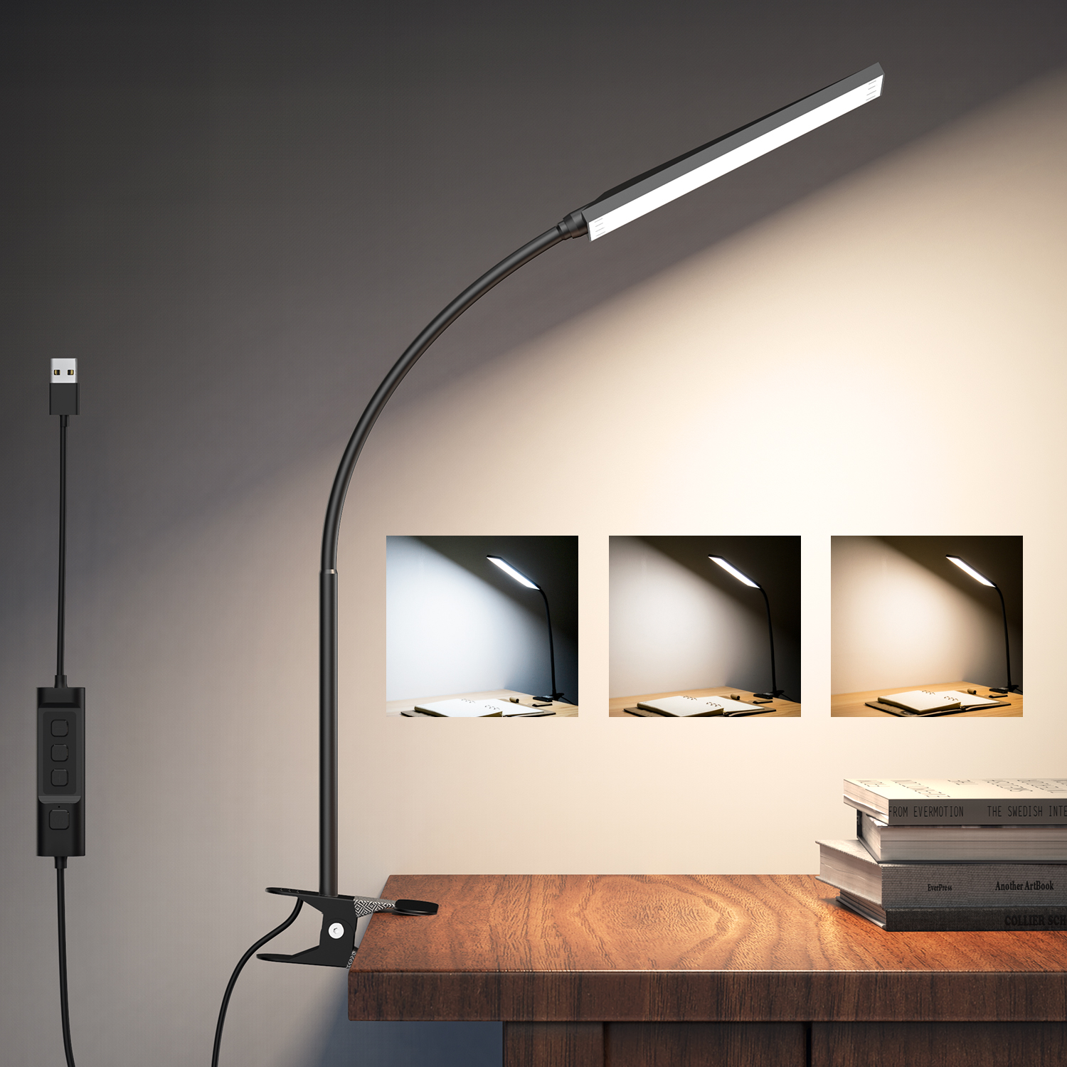 KOOTION 5W 48 LEDs Clamp Desk Lamp, EyeCaring Reading Light, 3 Color