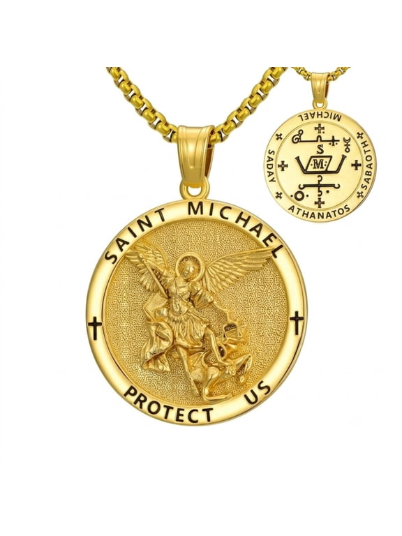 St. Michael Necklace for Men Women, 14K Gold Plated Archangel Protection Medal Pendant, Catholic Gift