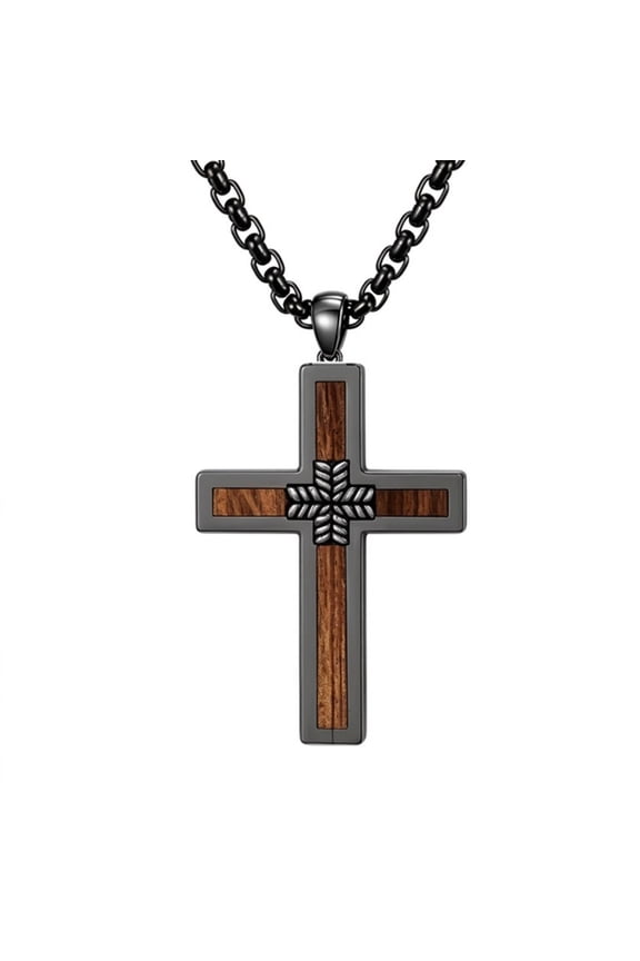 Black Cross Necklace for –Black Gold Plated Brass & Walnut Wood Inlay Pendant, Vintage Rustic Faith Jewelry