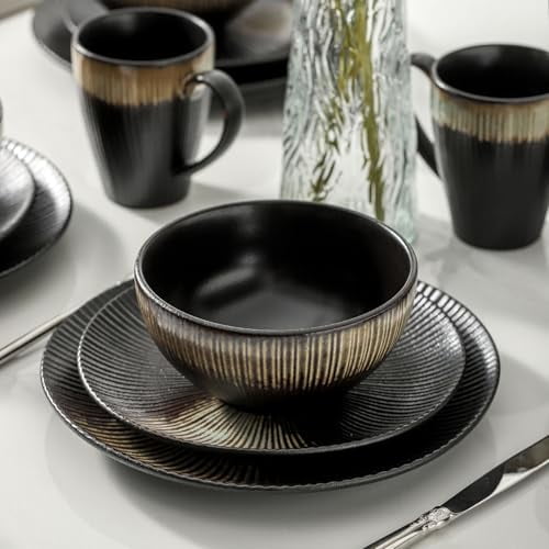 KOOV Ceramic Dinnerware Sets of 16, Plates and Bowls Sets for 4, Dish Set with Dinner Plates, Dessert Plates, Bowls and Cups for Party, Microwave and Dishwasher Safe, Stripe Series (Rough Black)