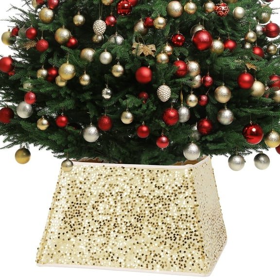 KOOVON Christmas Tree Collar 22 Inch Sequin Christmas Tree Skirt Gold Quads for Party Holiday Home Decoration