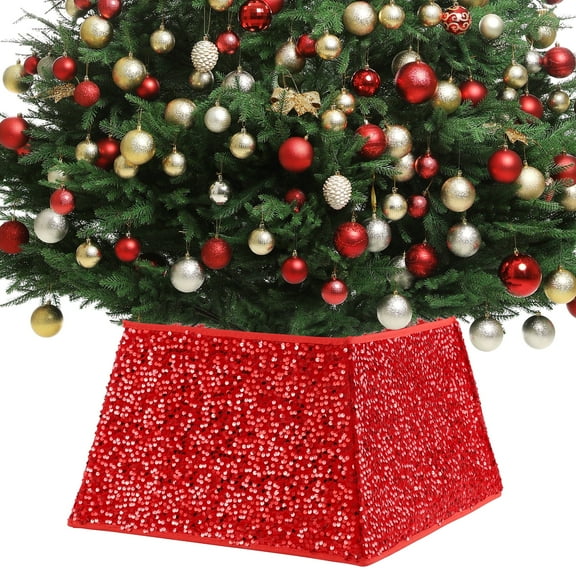 KOOVON Christmas Tree Collar 22 Inch Sequin Christmas Tree Skirt Red Quads for Party Holiday Home Decoration