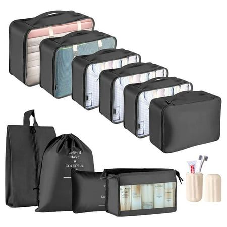 KOOVON Packing Cubes for Travel, 11 PCS Travel Cubes Set Foldable Suitcase Organizer Lightweight Luggage Storage Bag, Black