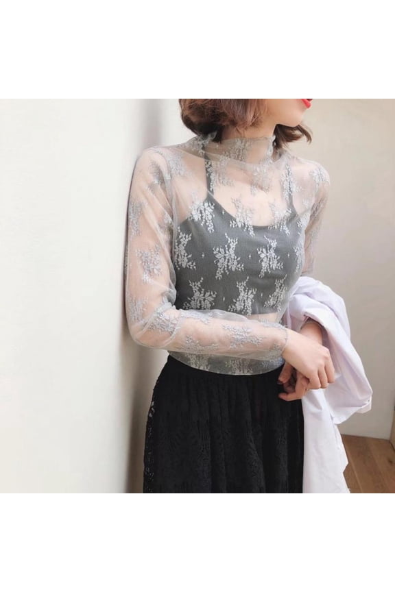 Arrival Women See Through Transparent Lace Spring Summer Female Long Sleeve Turtleneck T-Shirt 6Colors