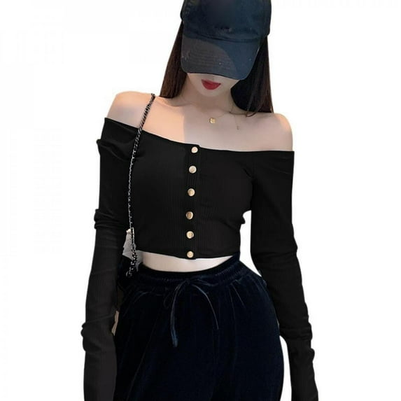 KOOYET Kawaii Clothes Exposure Navel T-shirt Korean Version Of The Solid Color Button Slim One Word Collar Slash Neck Shirt ZW