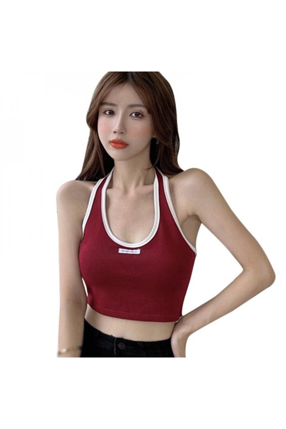 Korean Alphabet Color-blocking Halter Neck Slim-fit Cord Knitted Camisole Halter Tee Cuteandpsycho