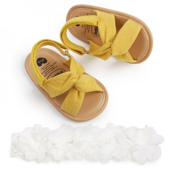 KOOYET Newborn Kid Kids Girl Boy Sandals Headband PU Soft Sole Flat Shoes Infant Non-Slip Summer Solid Color First Walkers