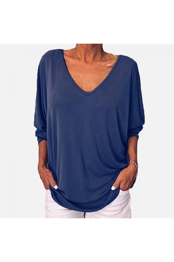 Spring Autumn Women T-shirt Europe and America Style Female V-neck Fashion Bats Seven-point Sleeve