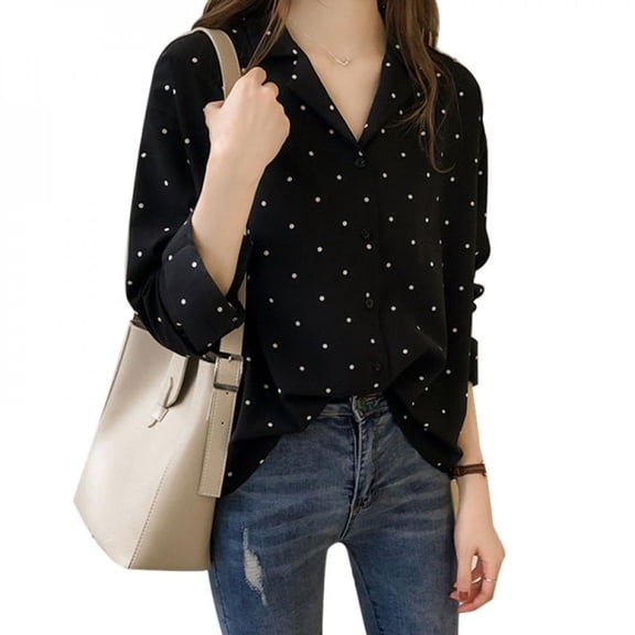 KOOYET Women Casual V-Neck Long Sleeves Blouses Spring Chiffon Polka Dots Shirt