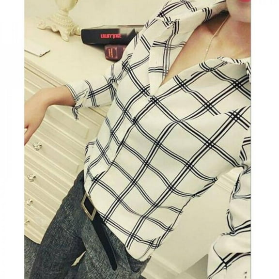 KOOYET Women Elegant Long Sleeve and Blouses Lapel Plaid Print Female Blouse Slim Casual Wild Chiffon Ladies Blouses