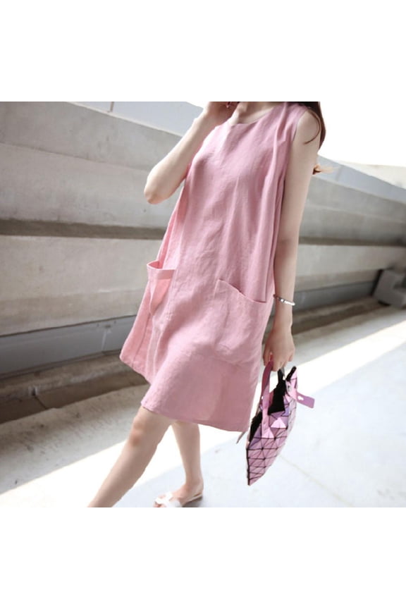 Women Loose Dress with Big Pocket Cotton Large Size Casual Female Dress Summer Solid Sleeveless O-Neck Dress