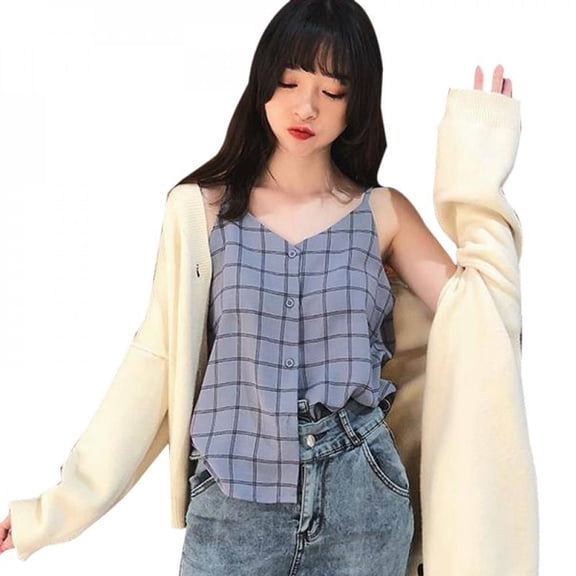 KOOYET Women Sleeveless Button Beach Casual Tank Vest Female Strap Chiffon Women Summer V Neck Plaid