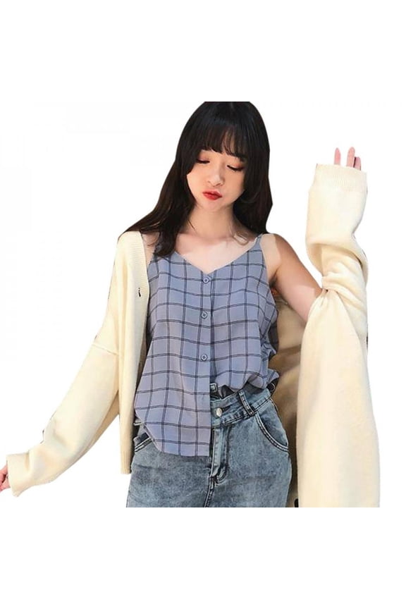 Women Sleeveless Button Beach Casual Tank Vest Female Strap Chiffon Women Summer V Neck Plaid