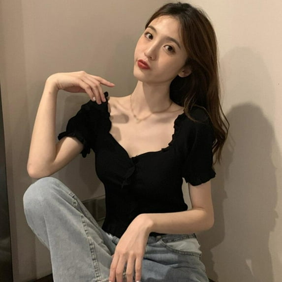 KOOYET Women Solid Color Short Sleeved V Neck Slim Knitted Summer BasicSweet